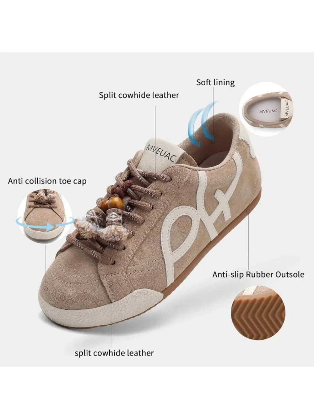 Women's Apricot Leather Lightweight ﻿Retro Gum Sole Walking Fashion Sneakers
